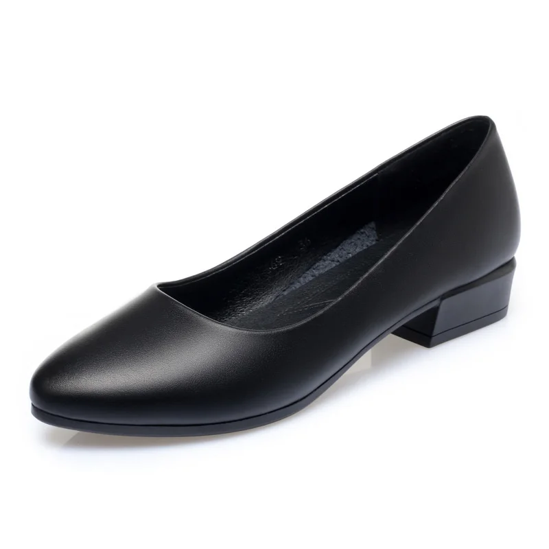 Spring Work Shoes Black Professional Women Comfort Round Toe Shoes Pumps Low-heeled Soft Leather Office Career Formal Shoes