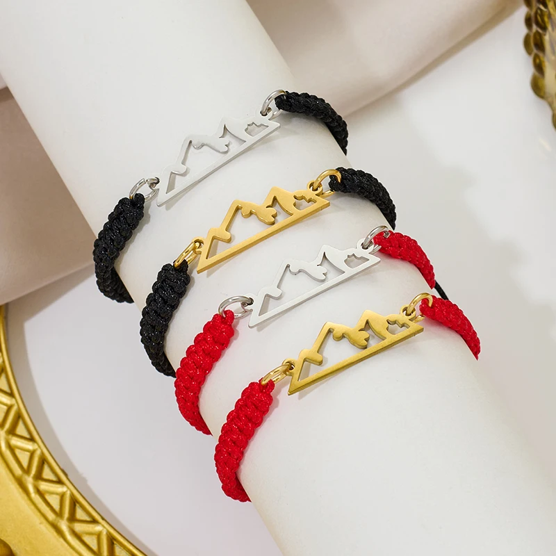 Mountain Peak Pendant Red Black Woven Rope for Men Women Casual Sporty Bangle Jewelry Sports Enthusiast Wristband Gifts