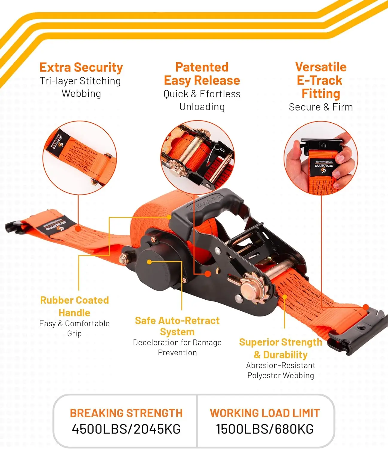 E-Track Retractable Ratchet Straps with Wheel Chock Kit,1986lbs Breaking Strength - 2in x 12ft Heavy Duty Ratchet Strap for Trai