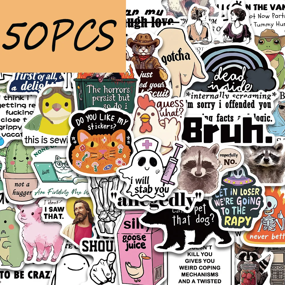 50PCS Funny Text Series Stickers, suitable for decorating tablet cases, envelopes, gift boxes, suitcases, waterproof stickers