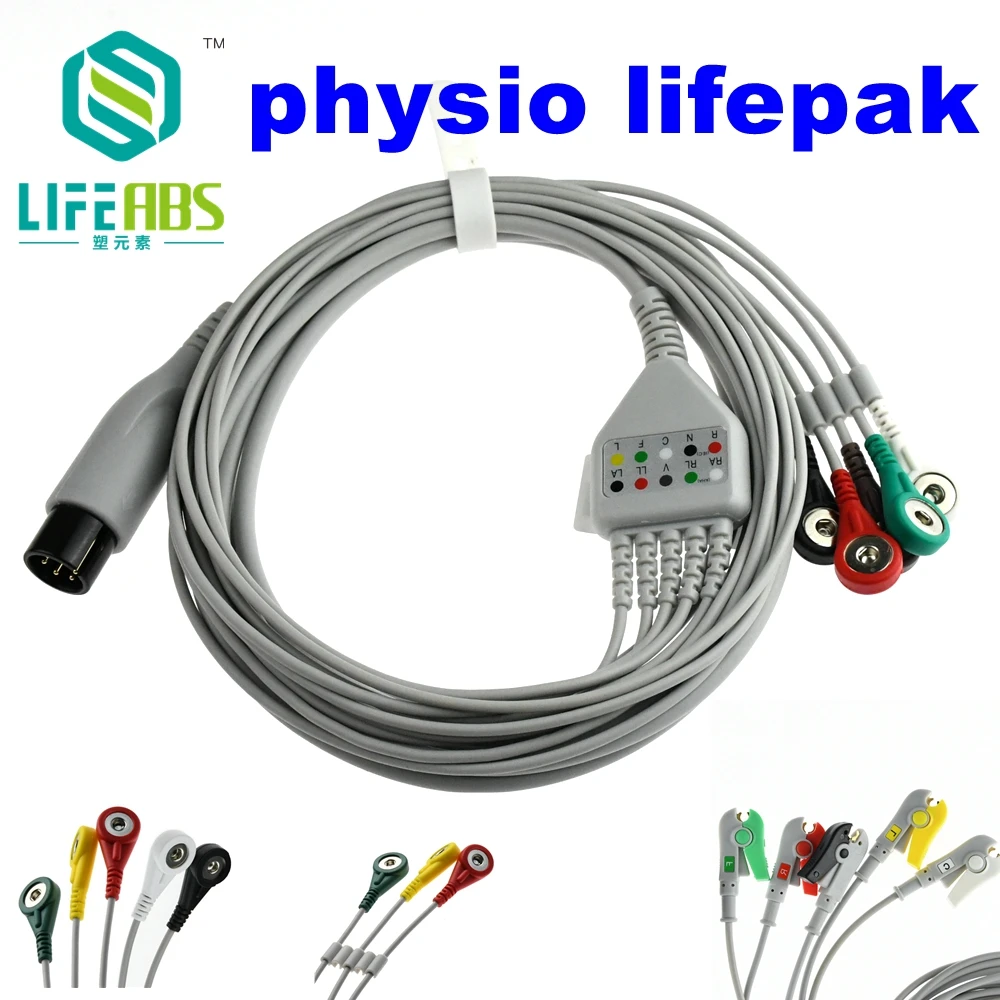 One-Piece Ecg Cable Ekg Cable Aha 3leads 5leads Snap Clip Ecg Lead Wires for Physio Lifepak Mornitor Machine