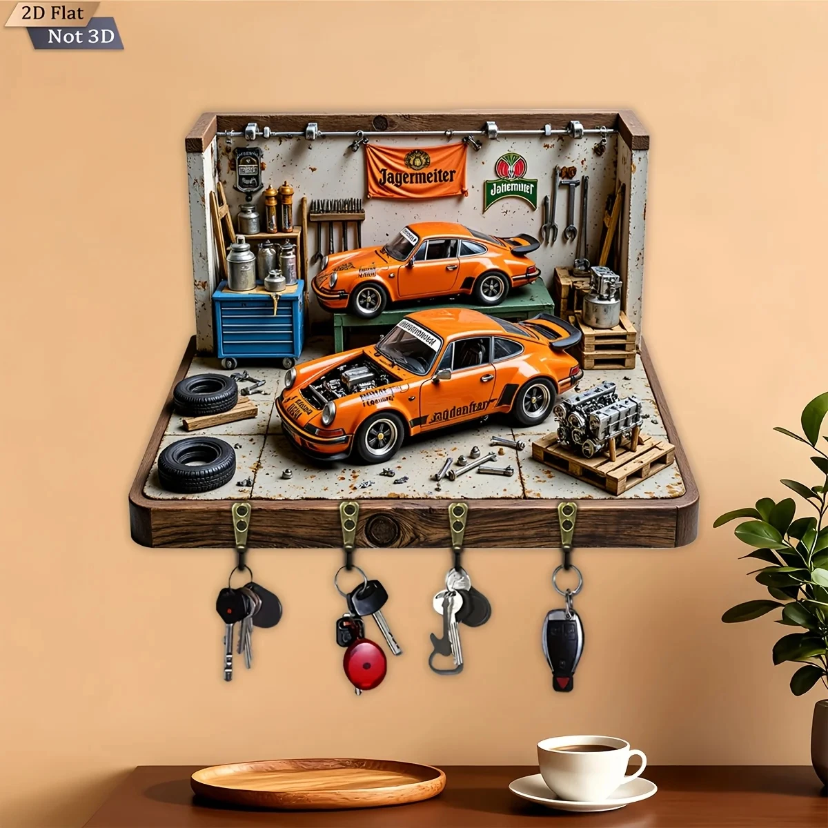 2D Flat, 1pc, Auto Repair Workshop Theme Key Hook, Wooden Multifunctional Home Key Rack, with Four Metal Hooks, Wall