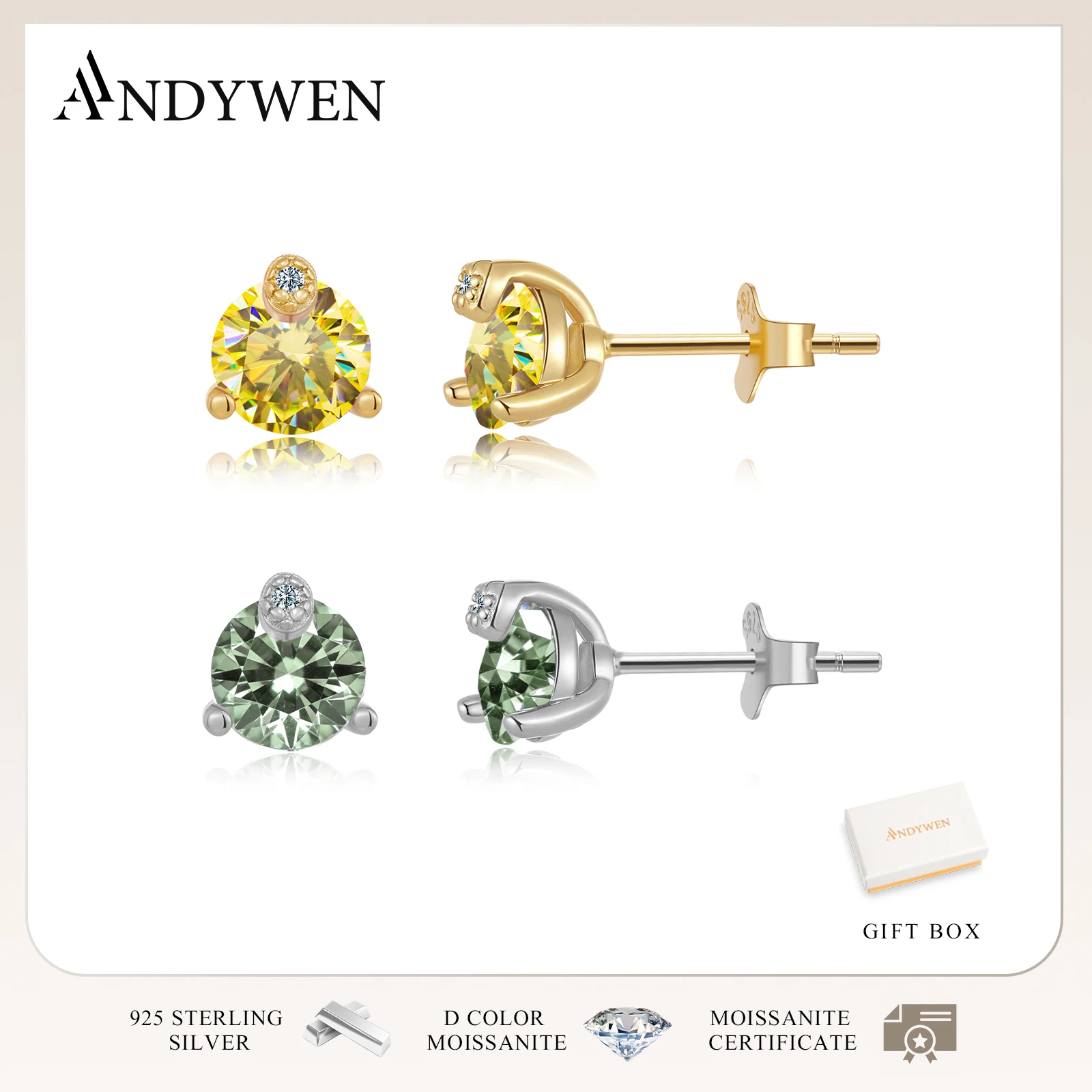 

ANDYWEN 925 Silver Round 0.5CT×2 D Color Yellow Blue Moissanite VVS1 Coloful Stud Earrings Women Luxury Wedding Daily Jewelry