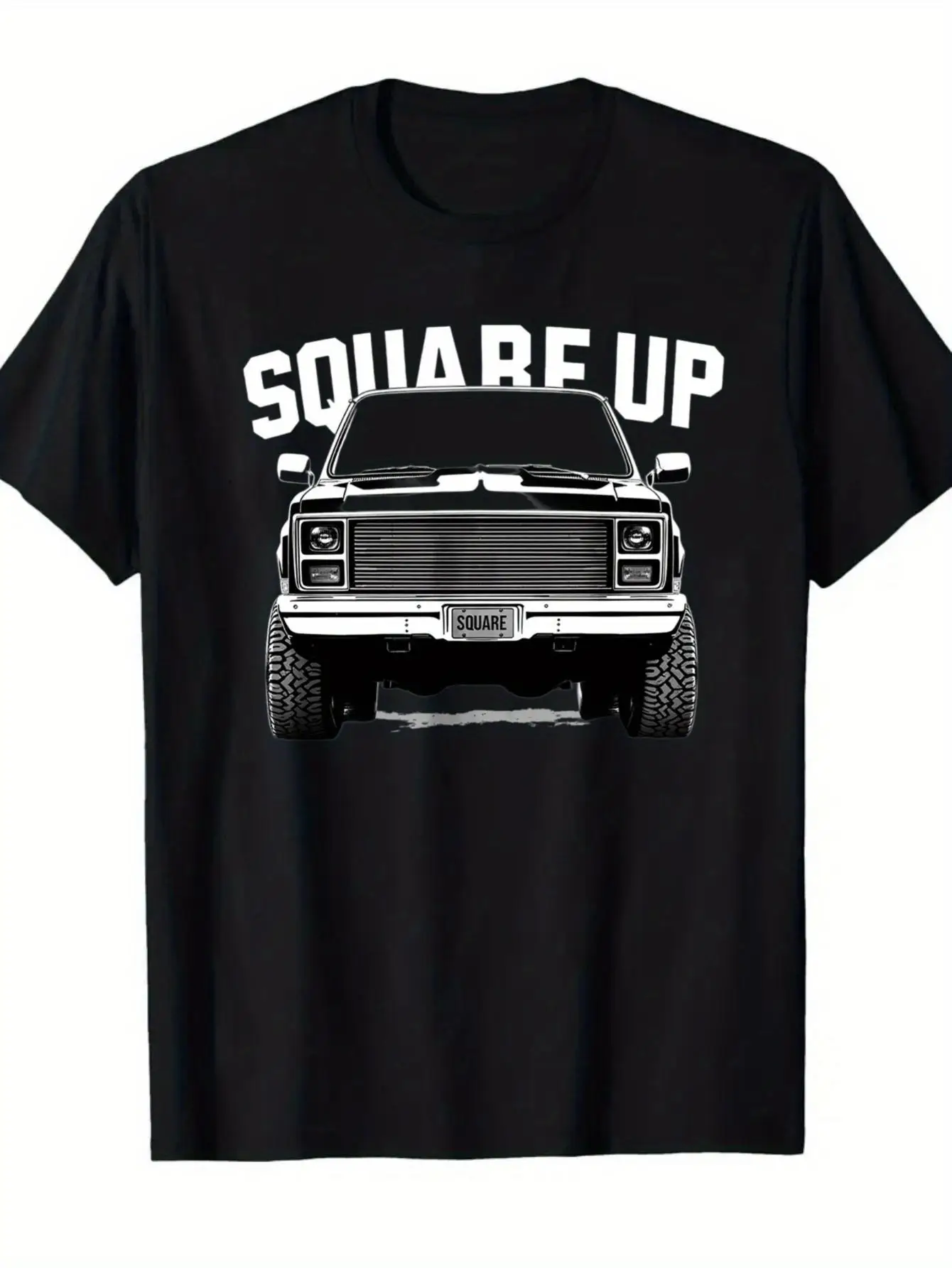 Plus 180g Casual Men's T-shirt, Black, with Classic Pickup Truck Pattern and 