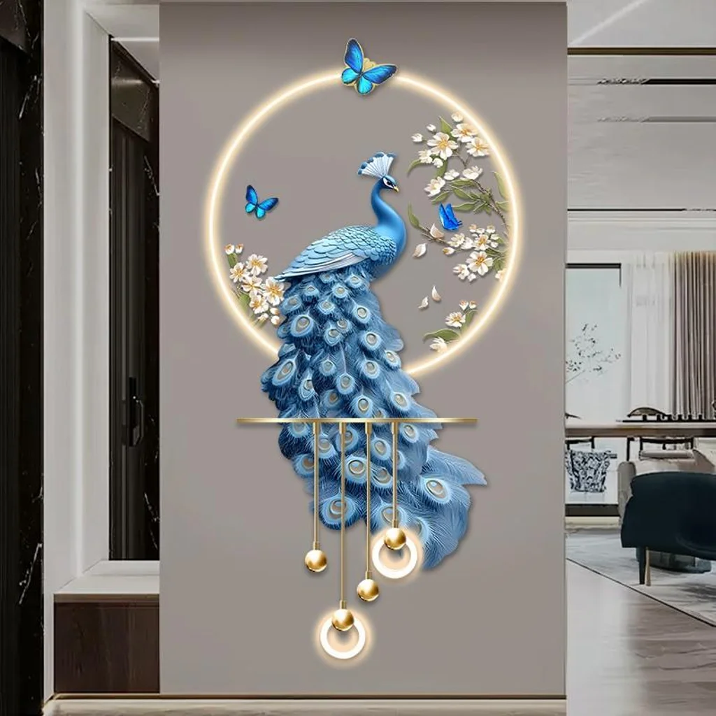Blue Peacock Dan LED Light Wall Art Gorgeous Vertical Customizable Lighting Effect Beautiful Home Living Room Hanging Decoration