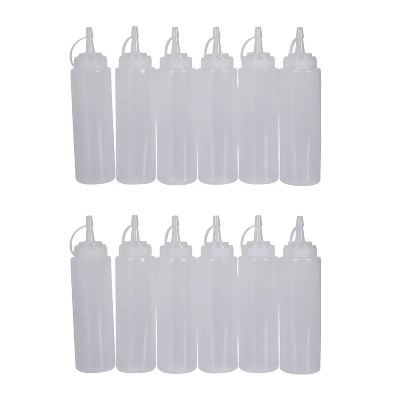 12X Clear White Plastic Squeeze Sauce Ketchup Cruet Oil Bottles 8OZ