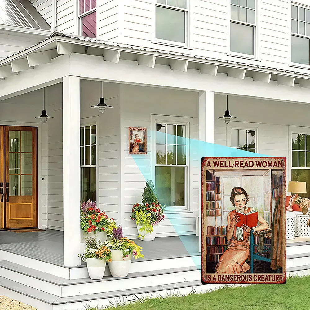 2D Flat, 1pc Vintage Metal Wall Sign - 1950s Housewife Bookshelf Decor with Woman Reading & 