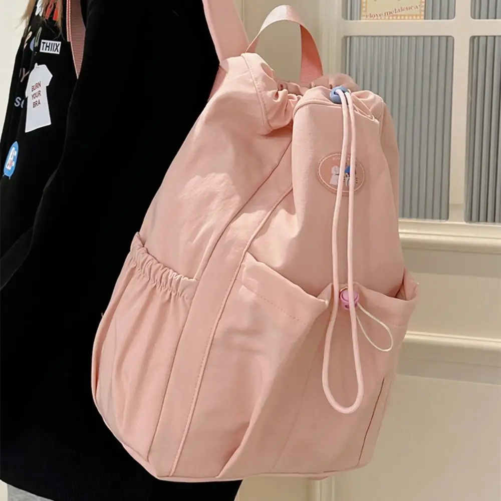 Solid Color Fresh Color Drawstring Backpack Nylon Large Capacity Students School Bag Travel Bag Korean Style Shoulder Bag Travel