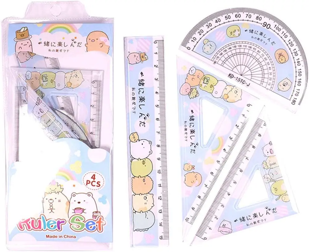 4pcs/Set Kawaii Cartoon Straight Triangle Ruler Protractor Drafting Drawing Tool