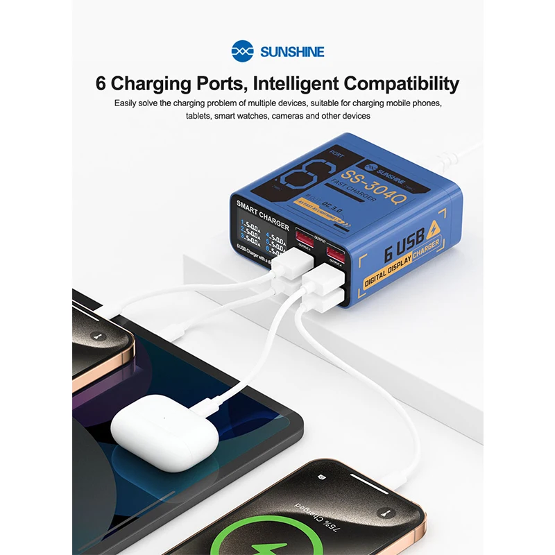 Sunshine SS-304Q 6 Port USB Smart Lightning Charger Multi-device Compatibility QC 3.0 Fast Charging For Mobile Phone Repair