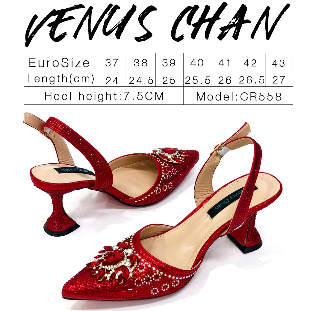 Venus Chan-Nigerian Heel Party for Women Red Color Shoes and Bag Set Rhinestone Handbag Italian Design Wedding INS 2024