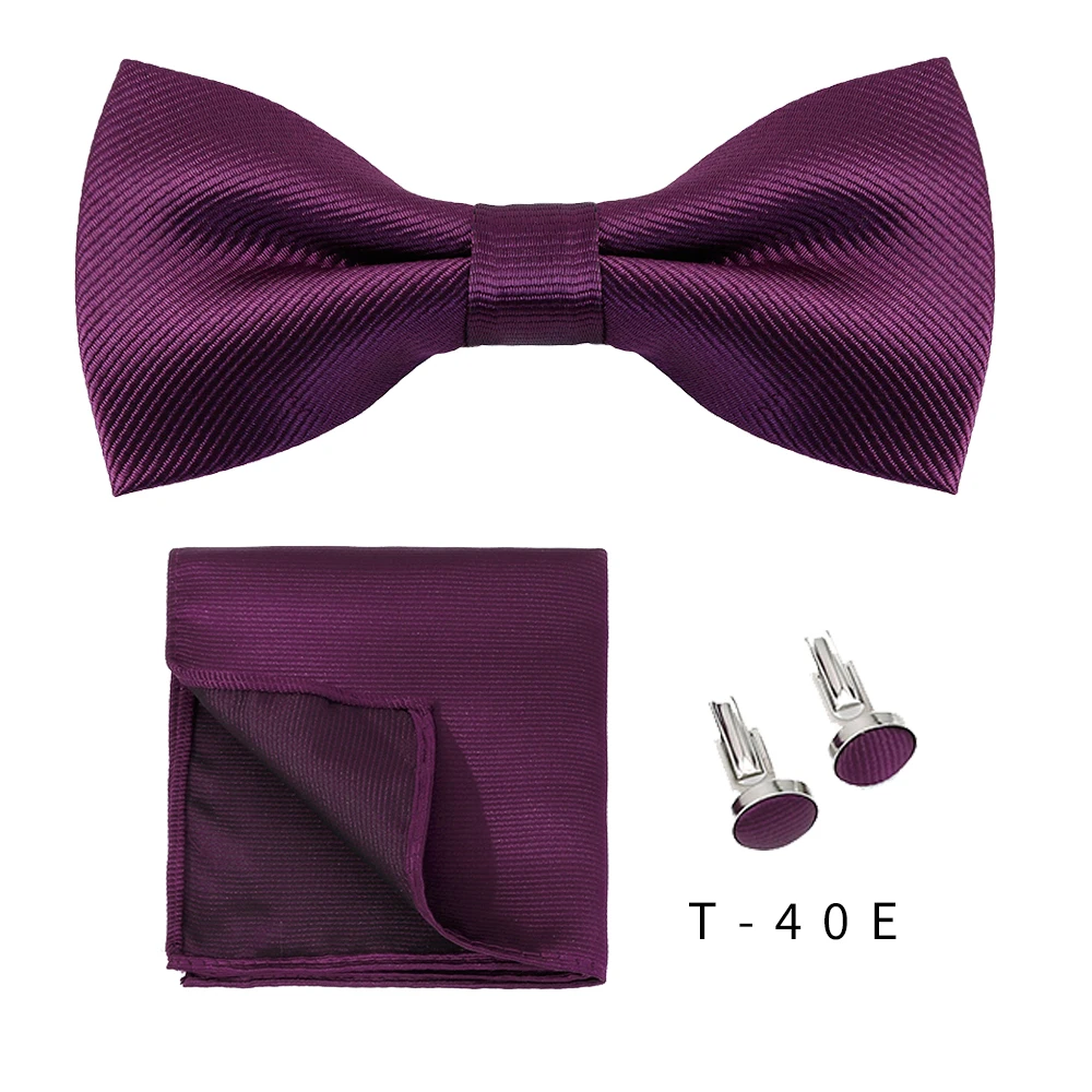 Solid Bowtie Pocket Square Cufflinks Set Business Men Neck 3pcs Bow Ties Handky Cufflinks Set Pocket Handkerchiet Accessories