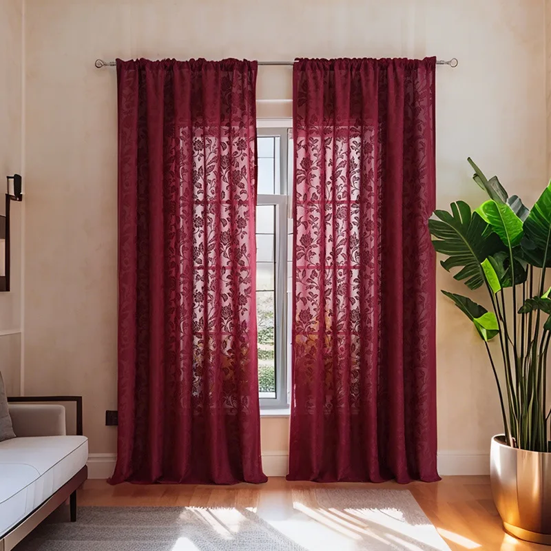 Burgundy Lace Curtain Vintage Floral Sheer Curtain Rod Cafe Pocket Light Curtain Filtering for Living Room Bedroom Home Decor