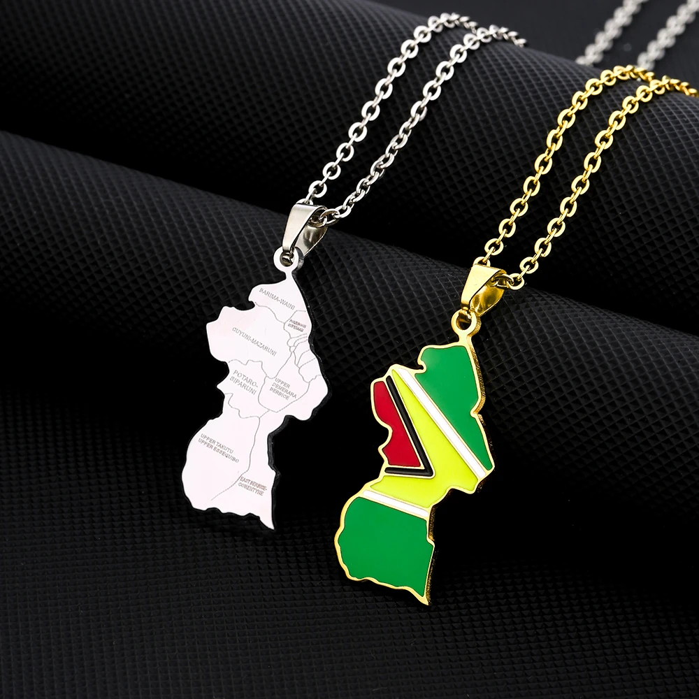 Fashion Guyana Map Flag City Pendant Necklace Stainless Steel Men Women Ethnic Maps Jewelry Gift