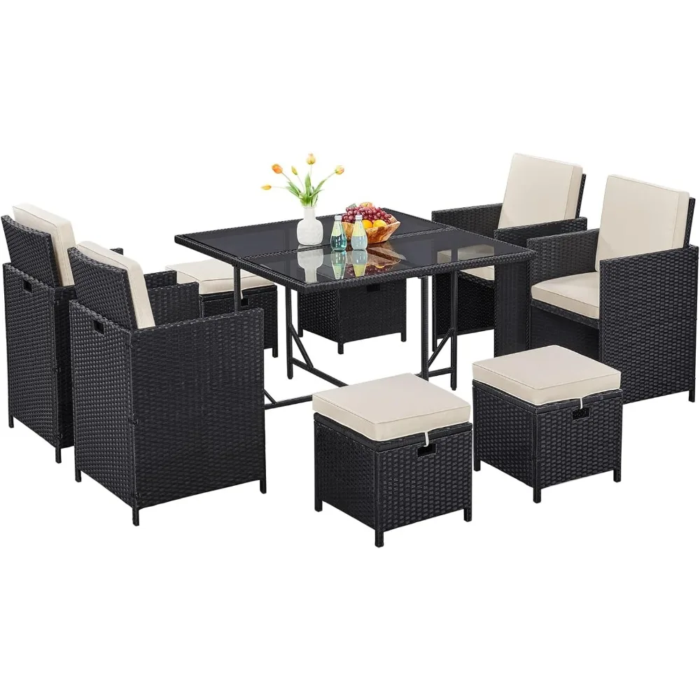 9-Piece Patio Dining Sets, Outdoor Space Saving Rattan Chairs with Glass Table, Wicker Sectional Conversation Furniture Set