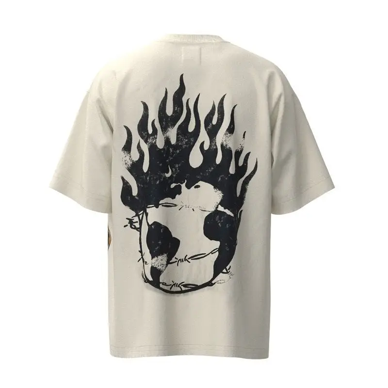 100% Cotton T Shirts Women Skull Head Flame Printed T-shirt Fashion High Street Loose Short Sleeve Tshirt Summer Trend Tops men