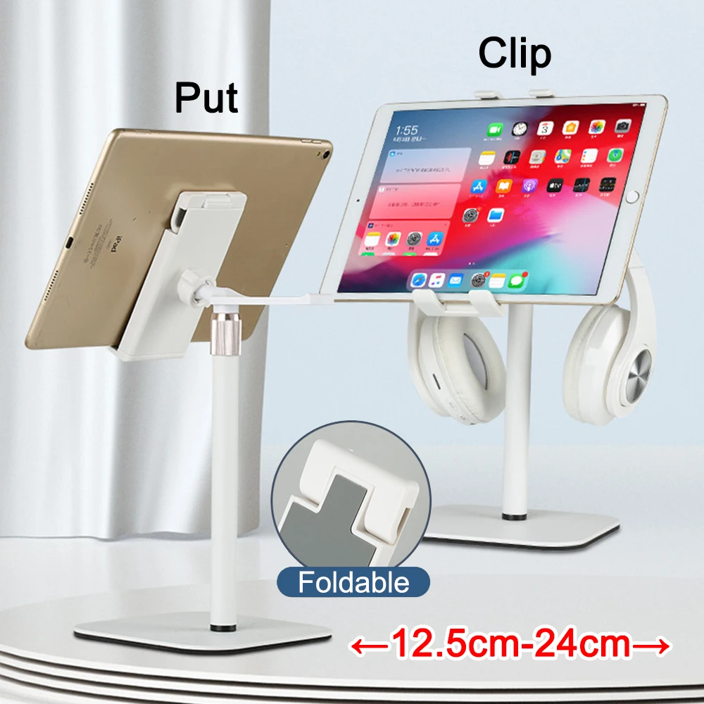 

Desktop Tablet Holder with Foldable Clip for iPad Pro Stand Headset Earphone Phone bracket Height Angle Adjustable 12.5cm-24cm
