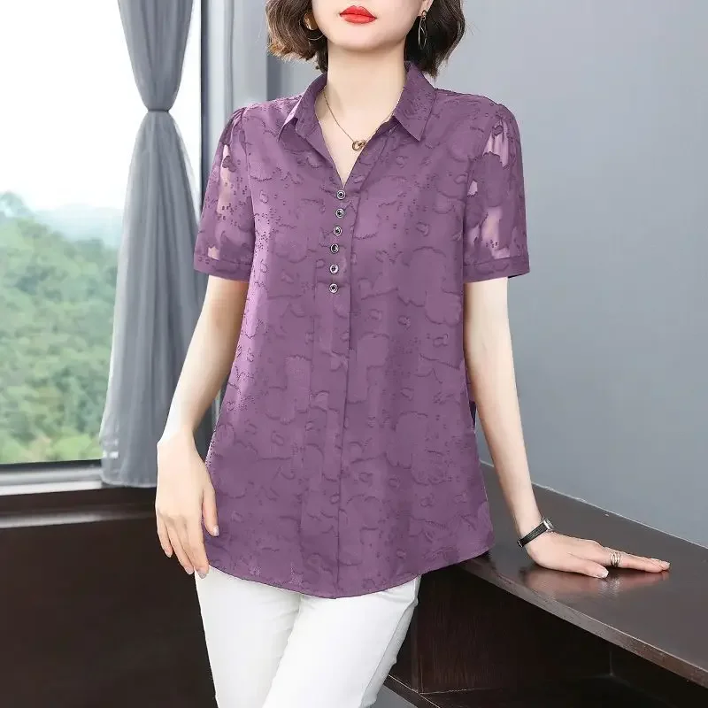 

Шифоновая жаккардовая блузка с короткими рукавами, женская летняя новинка, свободный топ средней длины с воротником-поло большого размера XQ543