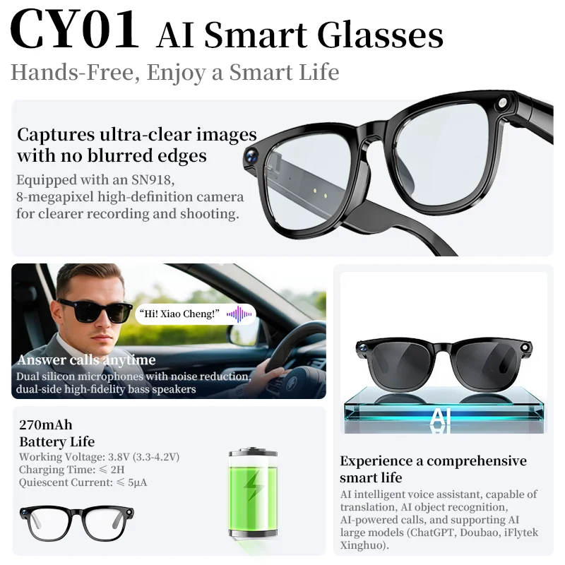 XIAOMIAO Gafas inteligentes Cámara 4K WiFi Bluetooth Gafas de grabación manos libres para ciclismo Correr Vlog con auriculares abiertos