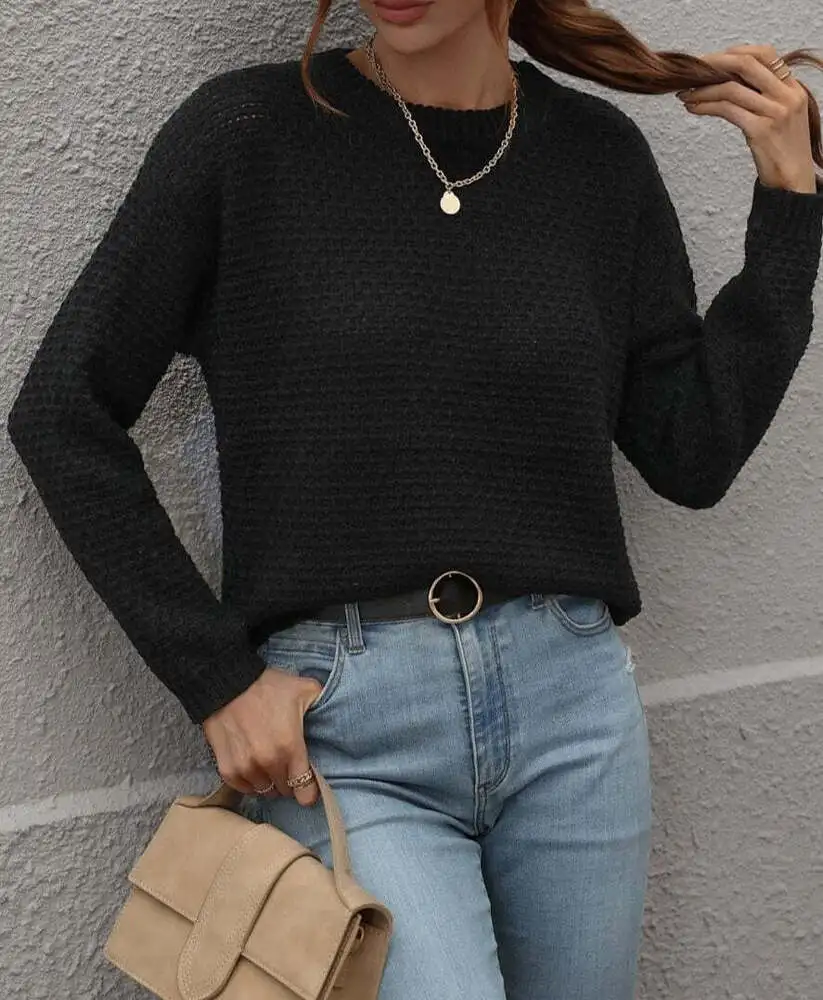 Ladies Autumn Winter Sweater Women Pullovers Crew Neck Solid Textured Knit Fall Sweater Casual Chic Jumper Women's Sweater Tops