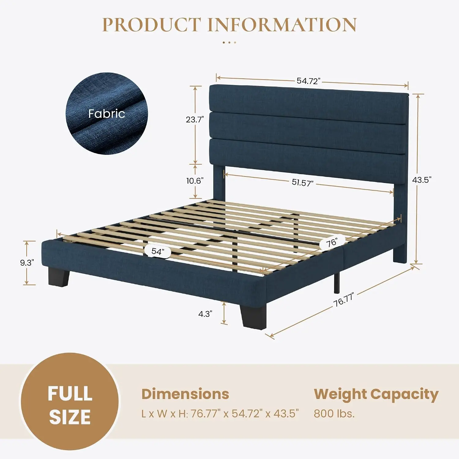 Full Platform Bed Frame with Upholstered Fabric Headboard, Blue, Customized