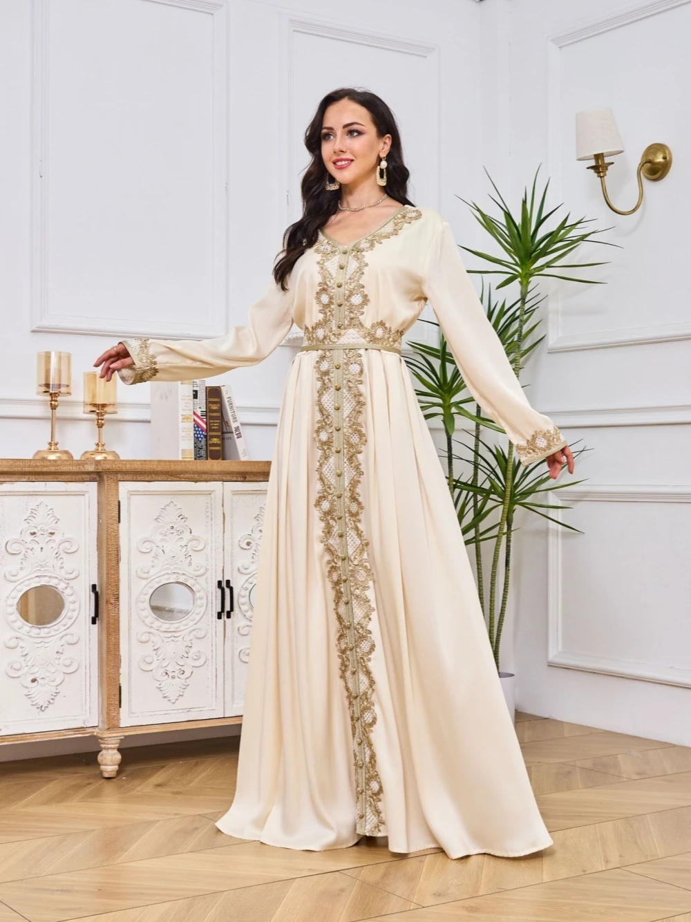 Elegant Apricot Embroidery Evening Dress Formal Occasions Women Muslim A-line Prom Gown Customized Fashion Birthday Arabic Robe