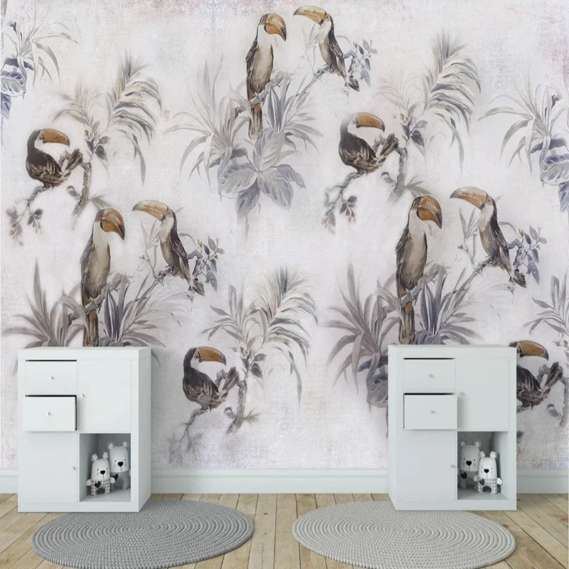 

Custom Photo Wallpaper Medieval Hand Drawn Tropical Plant Toucan Mural Dining Room Living Room Bedroom Background Wall Art Decor