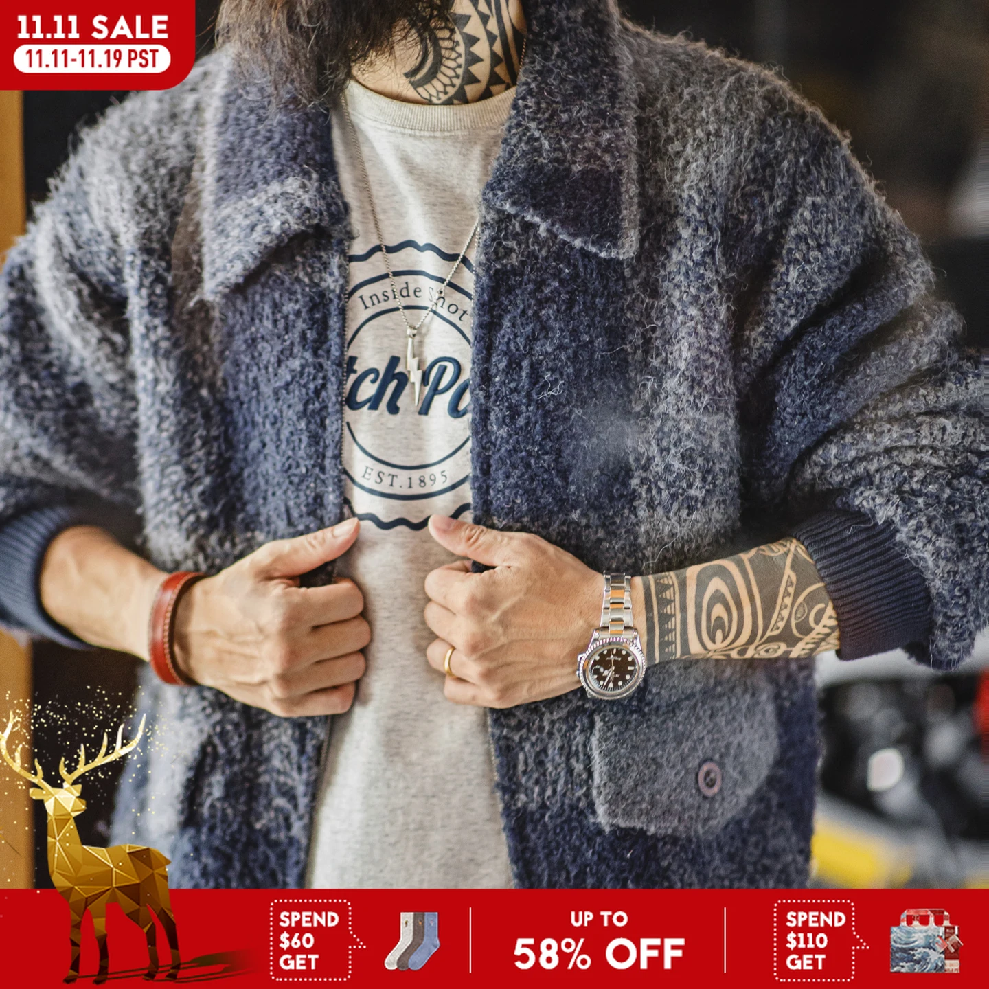 

Maden мужская винтажная клетчатая шерстяная куртка-кардиган с лацканами на молнии, теплая куртка на осень-зиму, уличная одежда