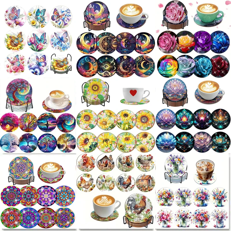 8 Pieces of Diamond Art Painting Coasters with Brackets, DIY Colorful Butterfly Diamond Art Coasters, Suitable for Both Adults a