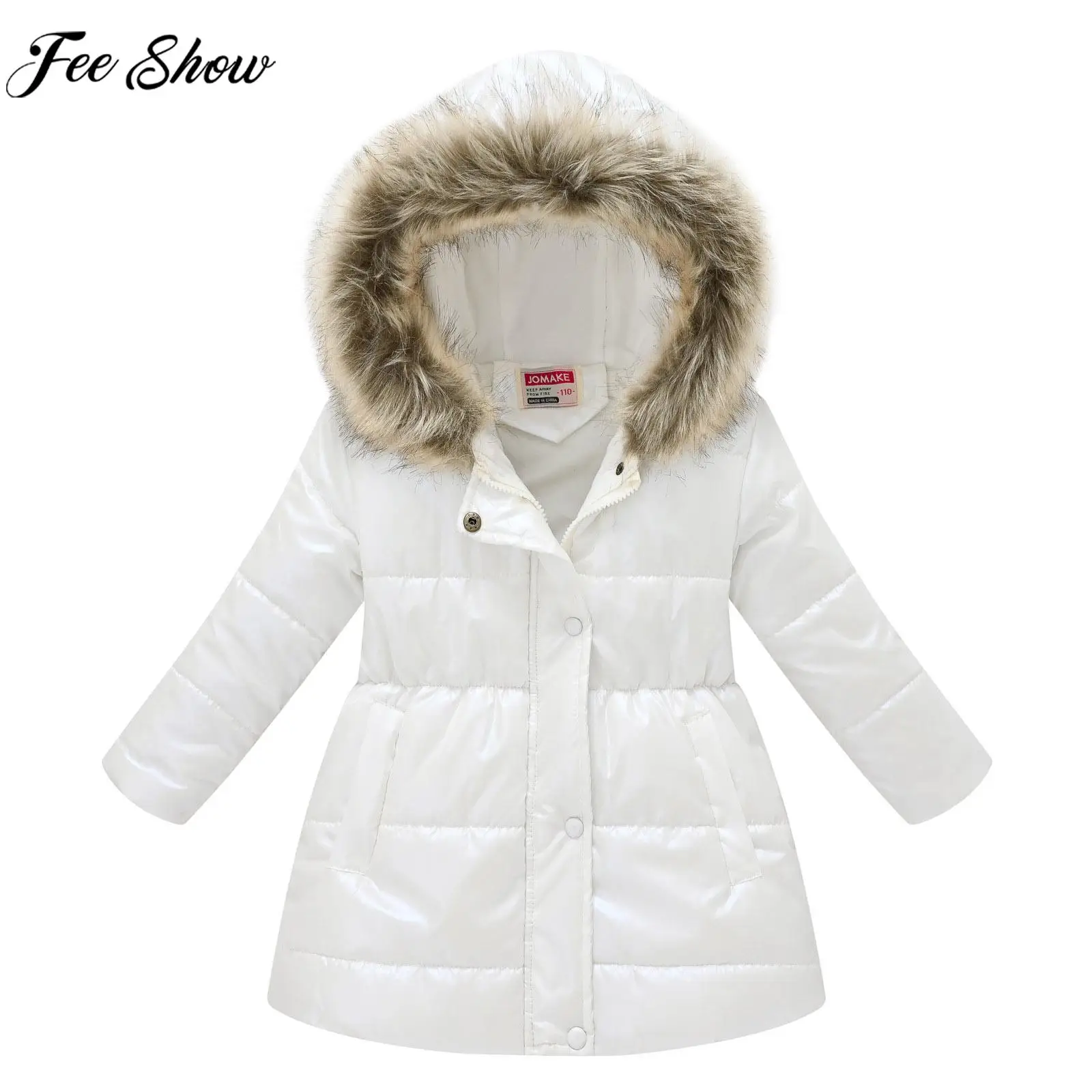 

Children Winter Windproof Warmer Coat Long Sleeve Thicken Faux Fur Hooded Outerwear Medium Length Zipper Cotton-padded Jacket