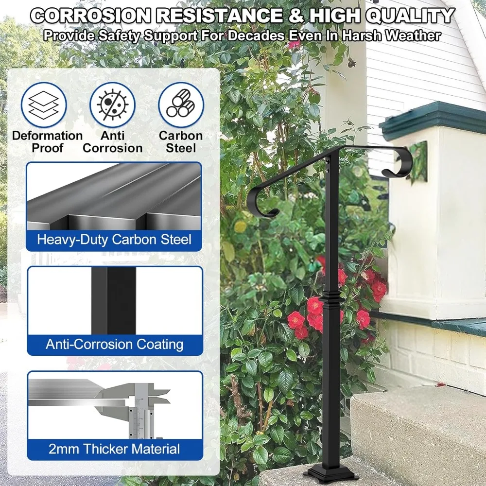 درابزين سلالم خارجي من الحديد المطاوع باللون الأسود لخطوات 1-2، 40 ارتفاعًا، تصميم عمود واحد، درابزين متين #3