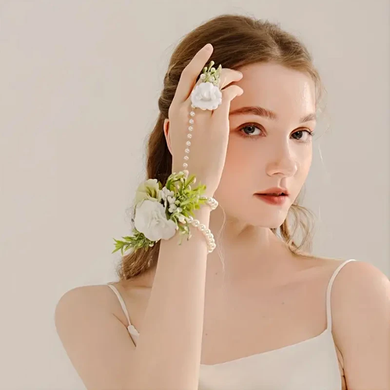 Artificial Flower Pearl Hand Wrist Flower Corsage Bridesmaid Wedding Party Bracelet Decor Romantic Accessories