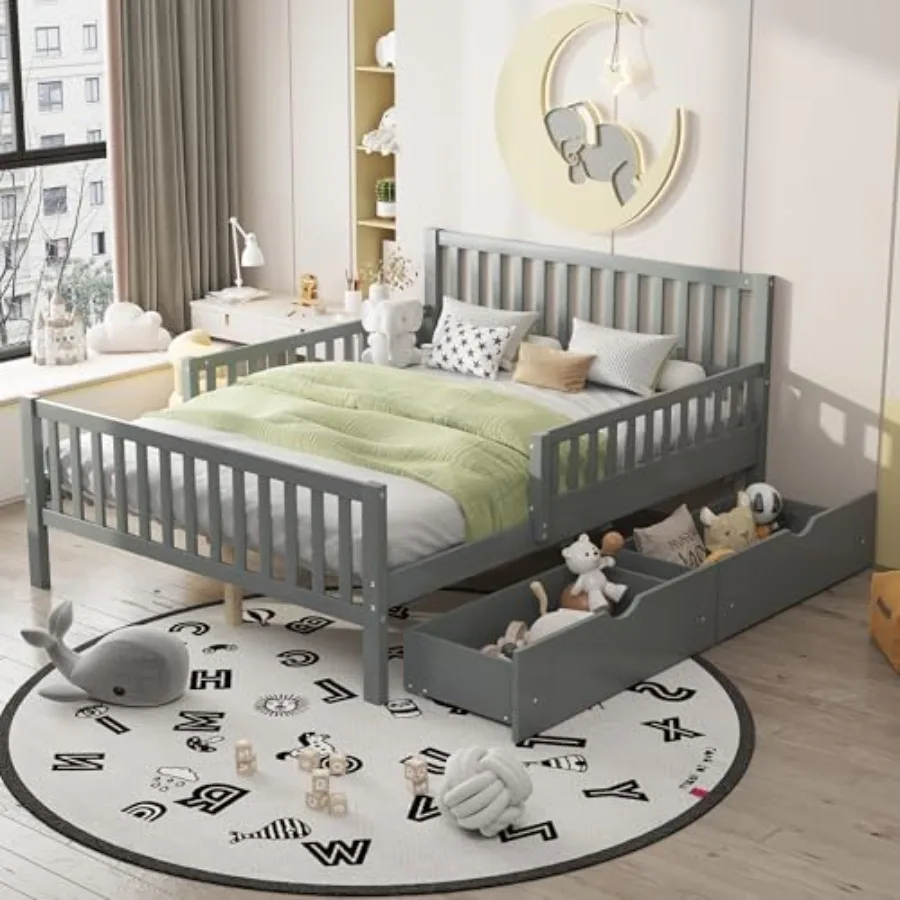 Full Bed Frames with Storage Drawers for Full Bed with Rails Full beds Frame for Boys/Girls/Adults Gray