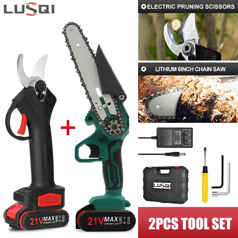 LUSQI Cordless Pruning Shears Or 4/6in Electric Chainsaw Lithium Chain Saw Pruners Cutting Pruning Branch Set Garden Tools