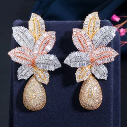 CWWZircons 3 Tone Gold Color Luxury Large Leaf Drop Flower Micro Cubic Zirconia Pave Naija Wedding Party Earring for Women CZ644