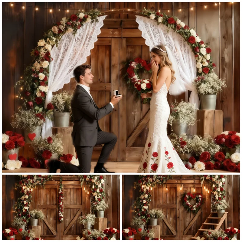 

Romantic Wedding Photography Backdrops Rose Wooden Door Lace Valentine's Party Portrait Celebration Shoots Decoration Background