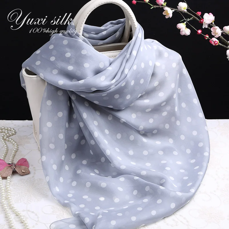 

High Quality Gray Polka Dot Summer Silk Long Scarf Shawl Women's Spring, Autumn and Winter