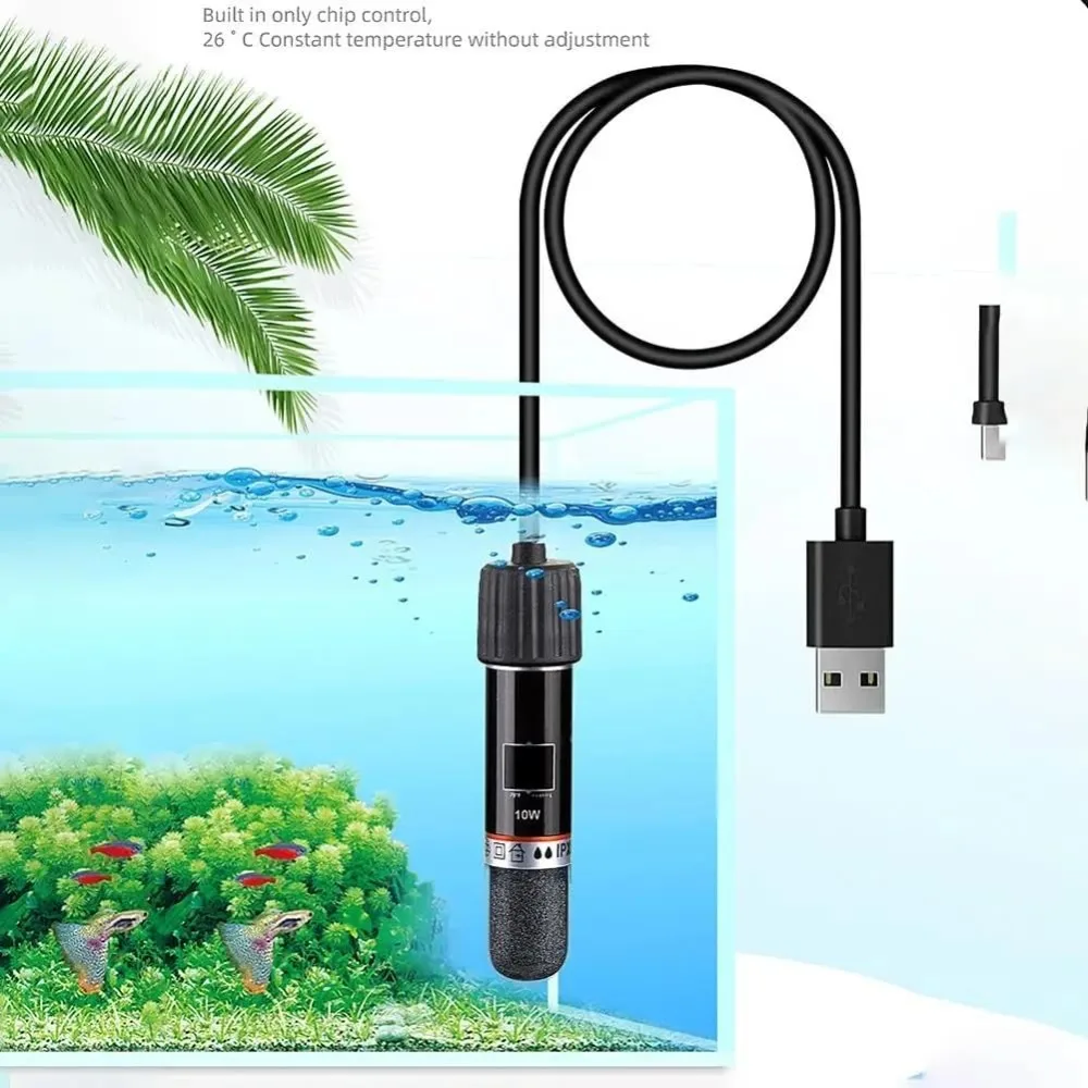 Calentador de acuario 10W Calentador de pecera Mini USB Termostato sumergible Calentador Varilla Calefacción 48 ° F(26 ° C) Temperatura constante