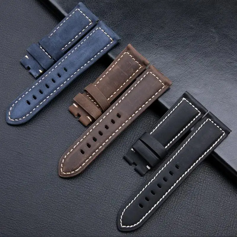 HAODEE First Layer Soft Cowhide Leather Watchband Nubuck Vintage Bracelet 24mm For Panerai Strap For 44mm Dial Stainless Pin