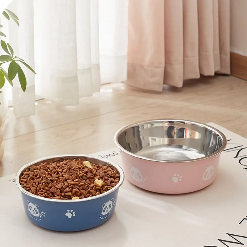 Cartoon Stainless Steel Dog Bowl Panda Pattern Non-slip Cat Feeding Bowl Anti rollover Pet Feeding Bowl Dogs Food Water Feeder