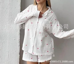 Fashion Home Pajama Two-Piece Set with Love Printed Long Sleeved Shirt Top Casual and Comfortable Women's Home Casual Shorts Set