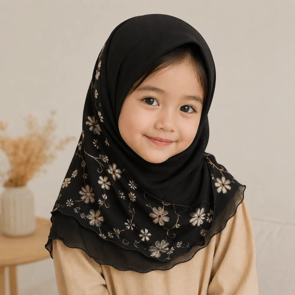 Headwrap Flower Net Small Girl Hijab Pull On Mesh Kids Turban Cap Cotton Elastic Solid Islamic Scarf Shawl 2-6 Years Old