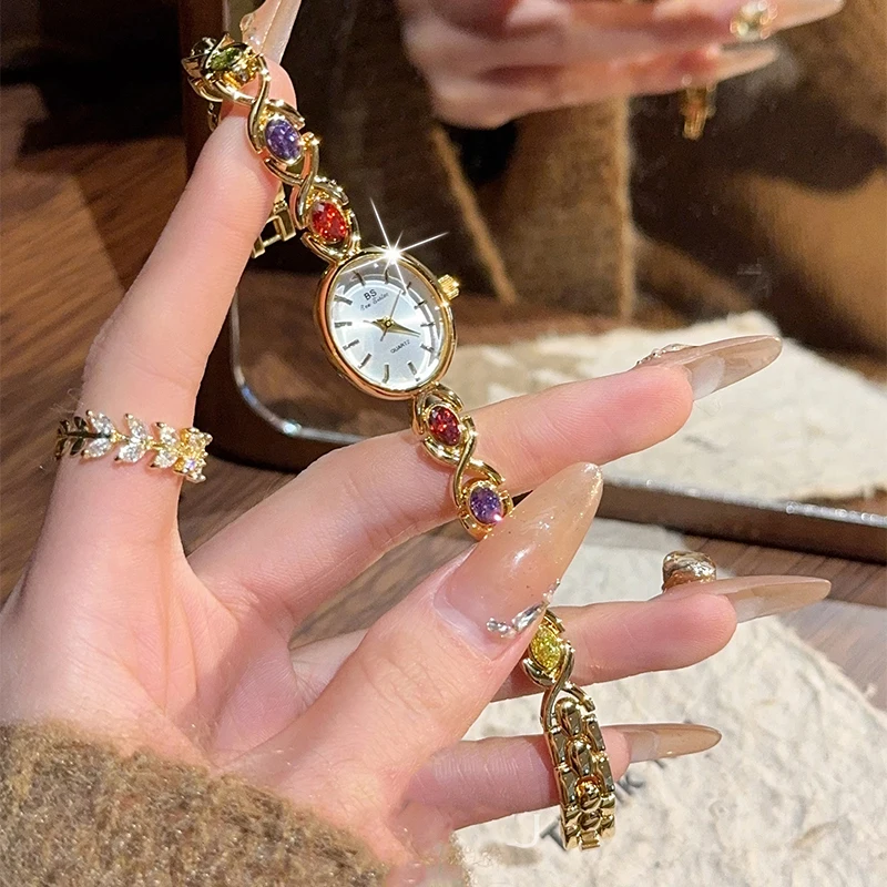 

НОВЫЕ роскошные винтажные часы для женщин, высококачественный разноцветный дизайн ювелирного браслета, изысканные женские маленькие золотые часы в подарок