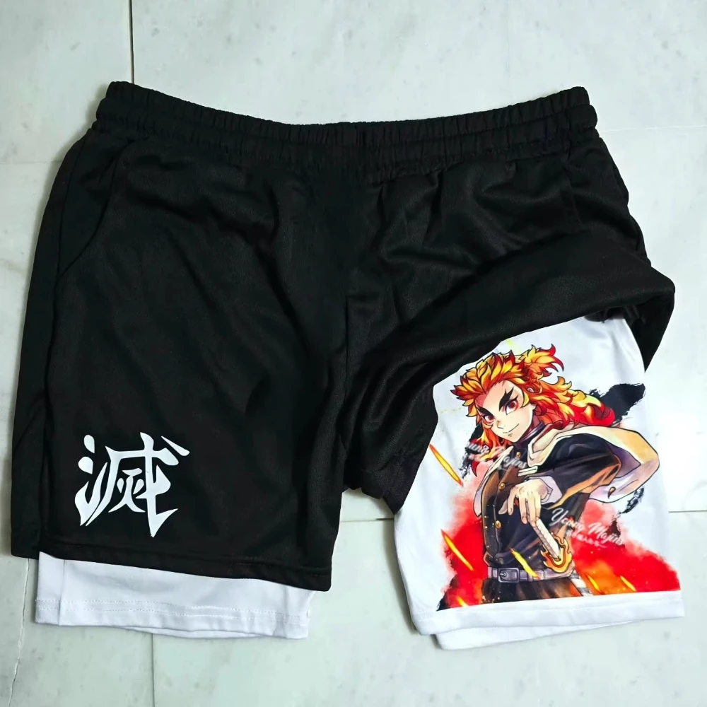 Demon Slayer Original พิมพ์กีฬา Double-Layer กางเกงขาสั้นฤดูร้อน Men's GYM ฟิตเนส Breathable Quick-Drying Casual 2-in-1 กางเกงขาสั้น