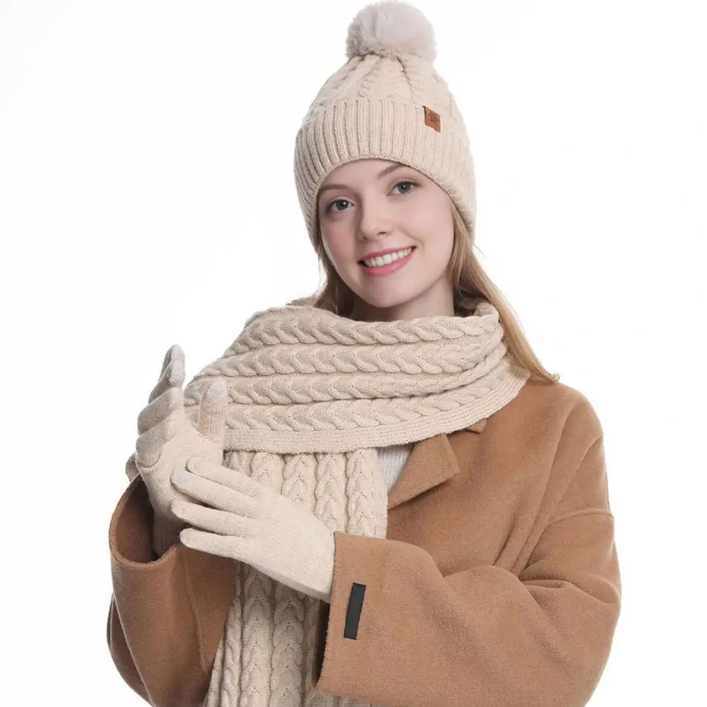 

Soft Comfortable Winter Accessories Cozy Winter Hat Scarf Gloves Set for Women Fleece Lined Pom Pom Long Knit Scarf Warm Gloves