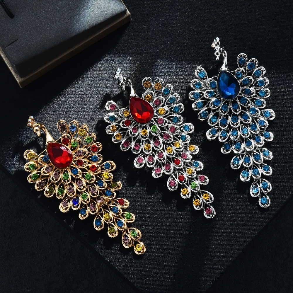 3 Colors Big Crystal Peacock Women Men Brooch Pins Jewelry Gift For Dress and Suits