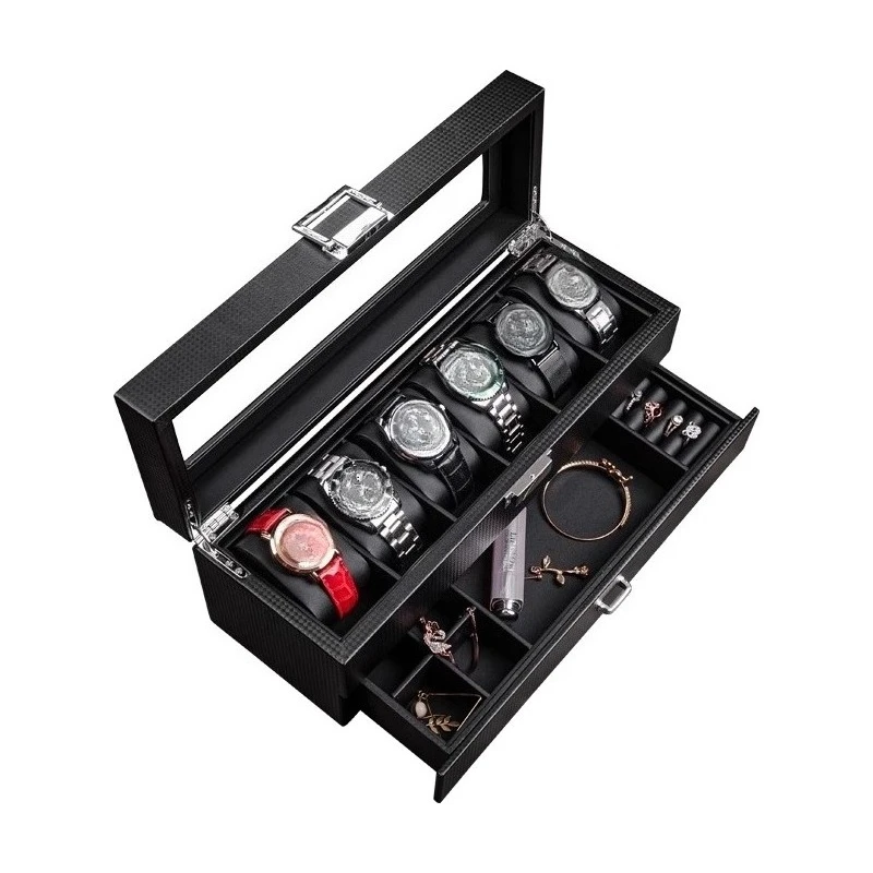 

Carbon fiber pattern leather watch jewelry integrated storage box household high-end simple watch bracelet ring cufflink box