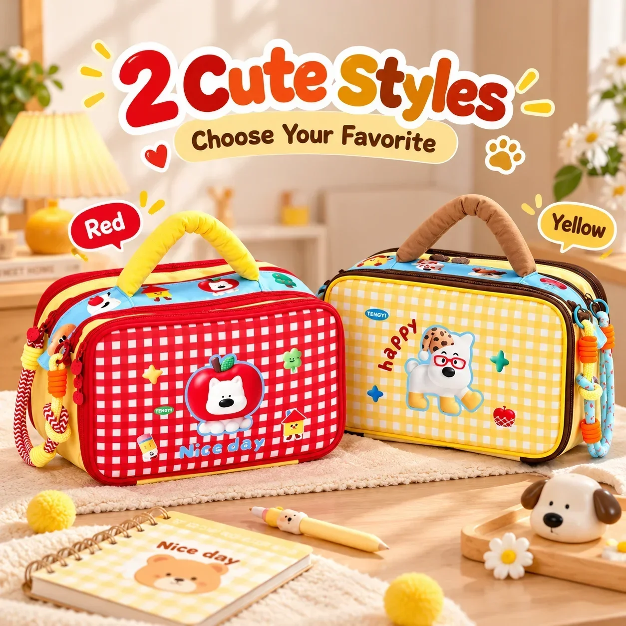 Original Cute Dog Cosmetic Bag, Divided Large Capacity Storage, Portable Toiletry Organizer, Handheld Pouch