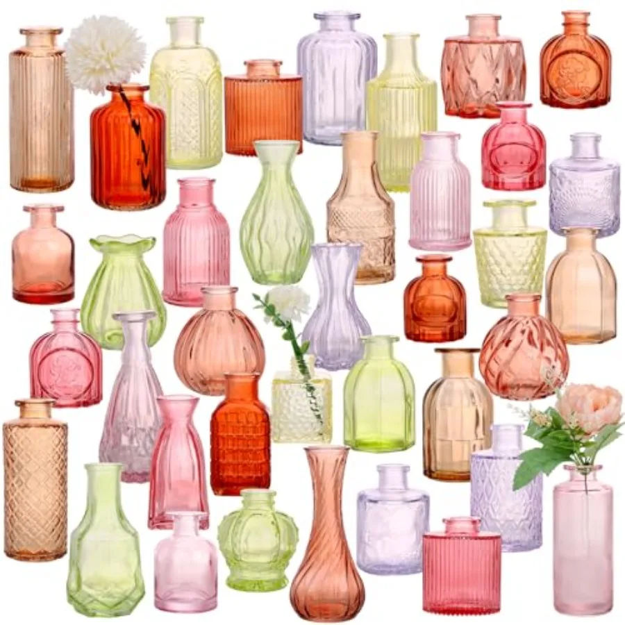 

Набор из 38 разноцветных стеклянных ваз для цветов, маленькие винтажные цветные вазы для центральных композиций, декоративные вазы для свадеб, дома и стола