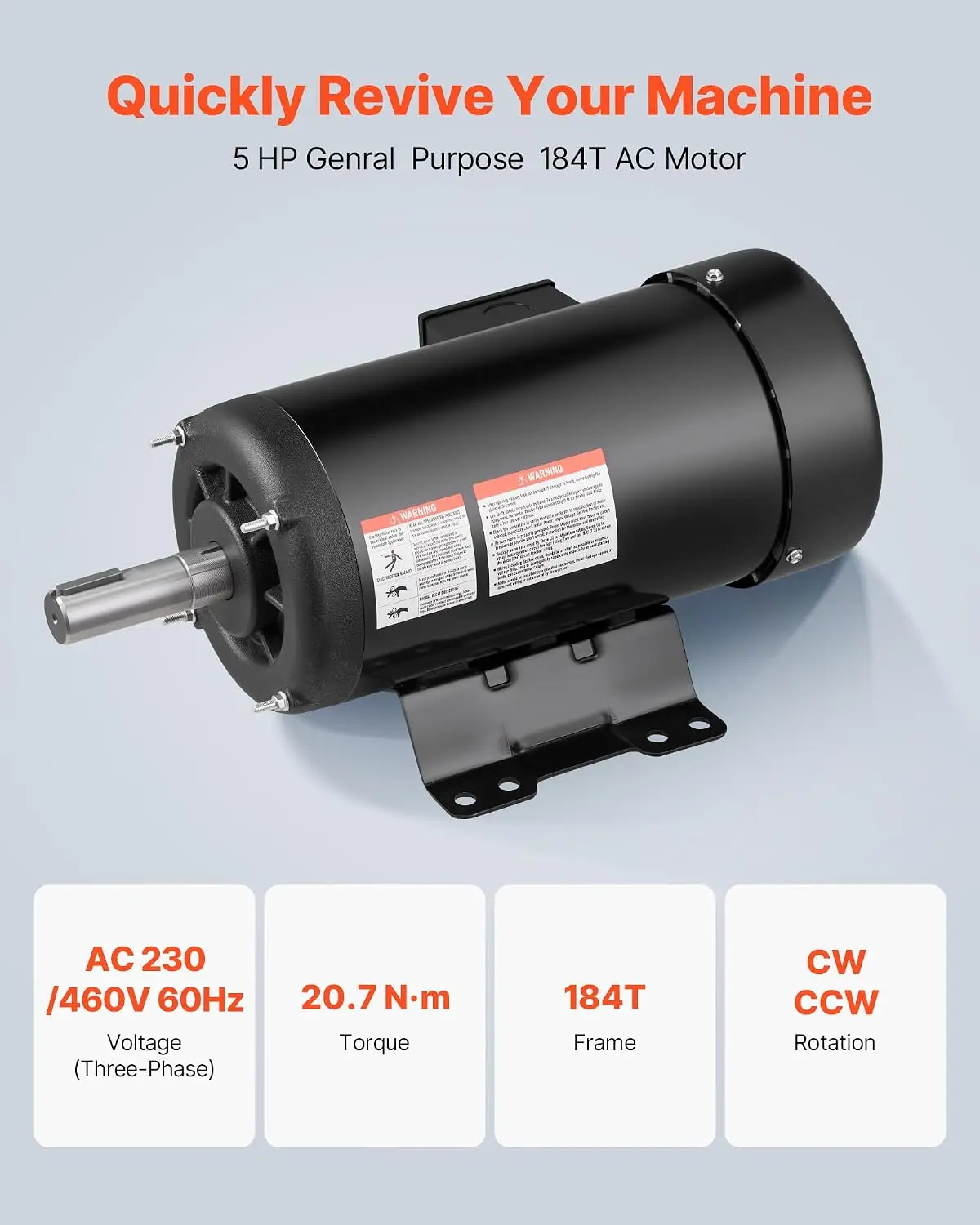 5 HP Electric Motor, 1725RPM Air Compressor Motor, CW/CCW Rotation, 1.125 inch Shaft Diameter, 2.75inch Shaft Length, 20.7N.m To